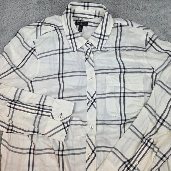 Talbots Tops - Talbots Button Down Shirt Womens MP Plaid Long Sleeve Rayon Blouse Ivory Black